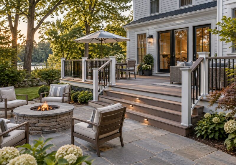 Composite deck with railing and patio
