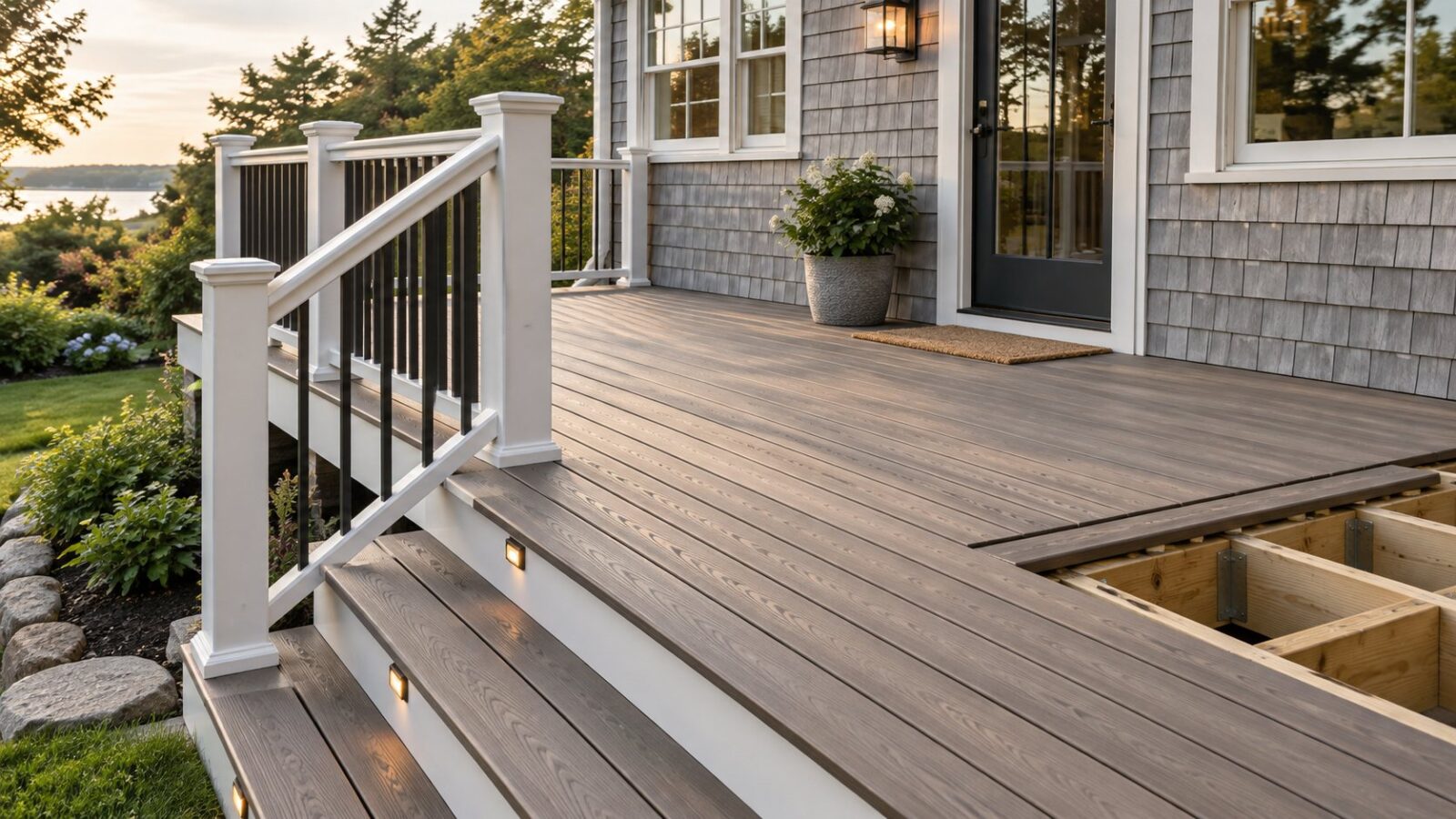 Composite deck with railing and patio