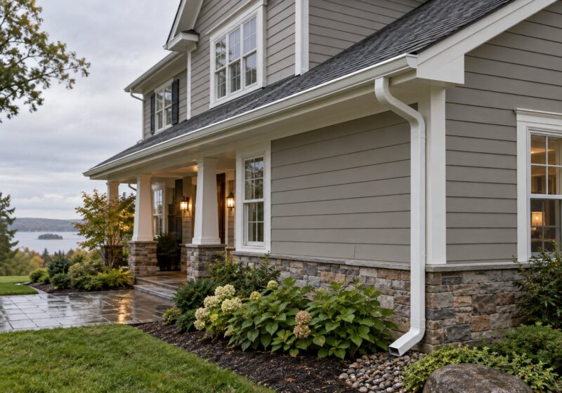 White seamless gutters and downspout on a house