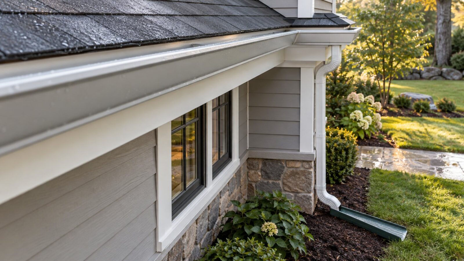 White seamless gutters and downspout on a house