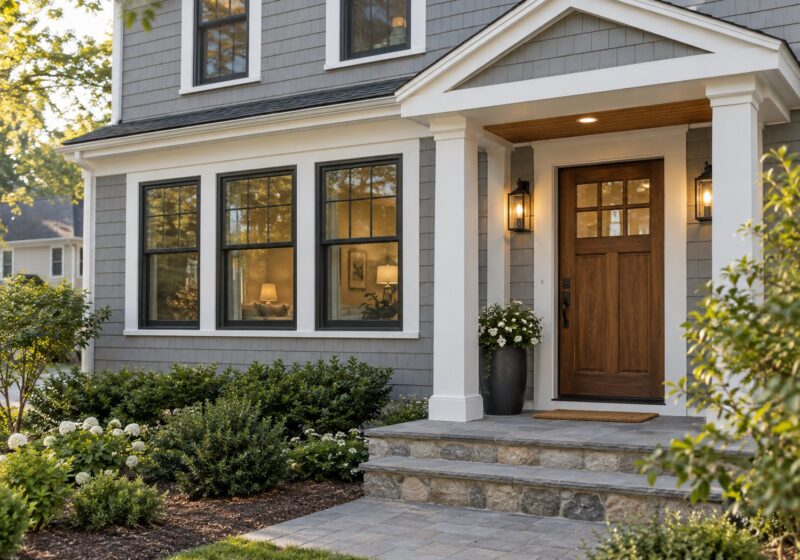 New windows and wood front door on a gray house