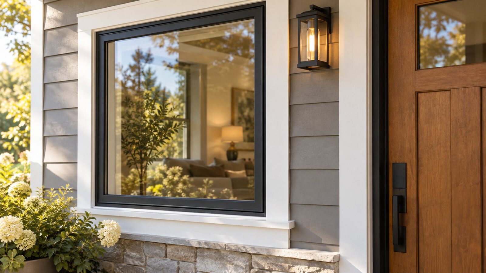 New windows and wood front door on a gray house